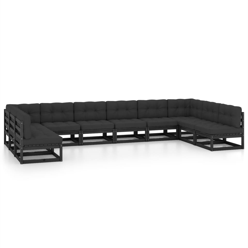 10-tlg. Garten-Lounge-Set mit Kissen Schwarz Kiefer Massivholz